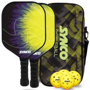 Set de palas de pickleball Synco Lightning Yellow | 2 raquetas de pickleball y 4 pelotas de pickleball con bolsa de transporte | Raqueta ligera de fibra de vidrio con empu?adura acolchada y c?moda