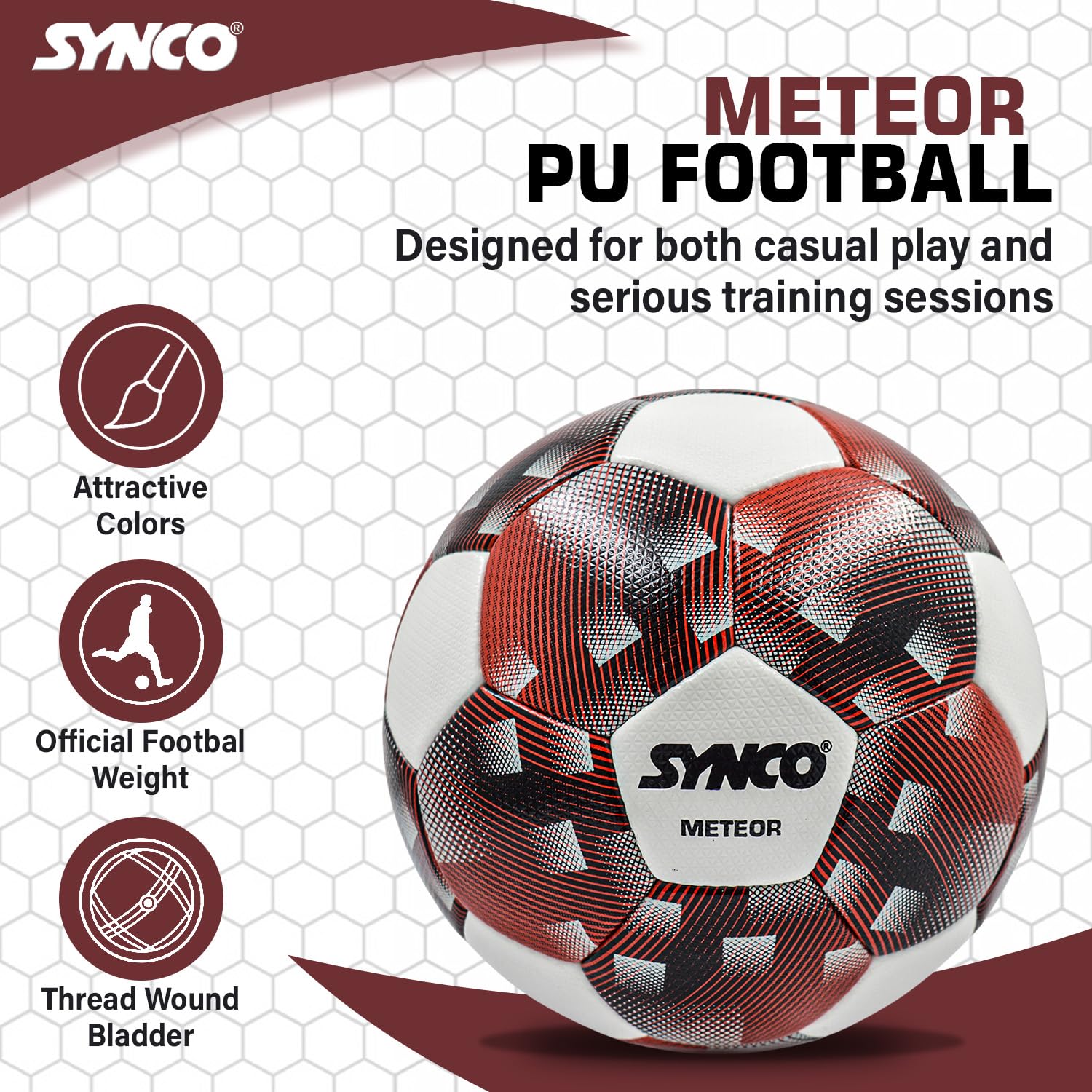 Bal?n de f?tbol Synco Meteor | Bal?n de partido profesional con certificaci?n FIFA | Material PU cosido a mano | Tama?o 5 - Imagen 2