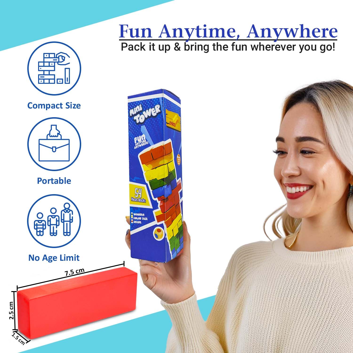Synco Mini Tower | Torre de madera para hacer piruetas | El mejor juego de madera para ni?os y adultos | Mini juego de bloques de madera para divertirse en familia, juego para desarrollar habilidades Bloques multicolores, 54 piezas - Imagen 4