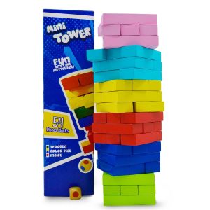 Synco Mini Tower | Torre de madera para hacer piruetas | El mejor juego de madera para ni?os y adultos | Mini juego de bloques de madera para divertirse en familia, juego para desarrollar habilidades Bloques multicolores, 54 piezas