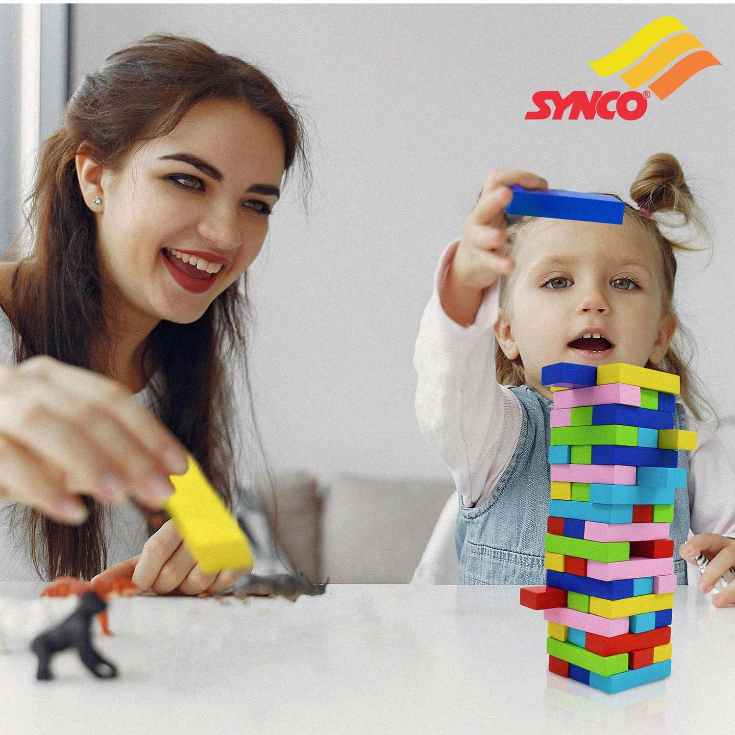 Synco Mini Tower | Torre de madera para hacer piruetas | El mejor juego de madera para ni?os y adultos | Mini juego de bloques de madera para divertirse en familia, juego para desarrollar habilidades Bloques multicolores, 54 piezas - Imagen 6