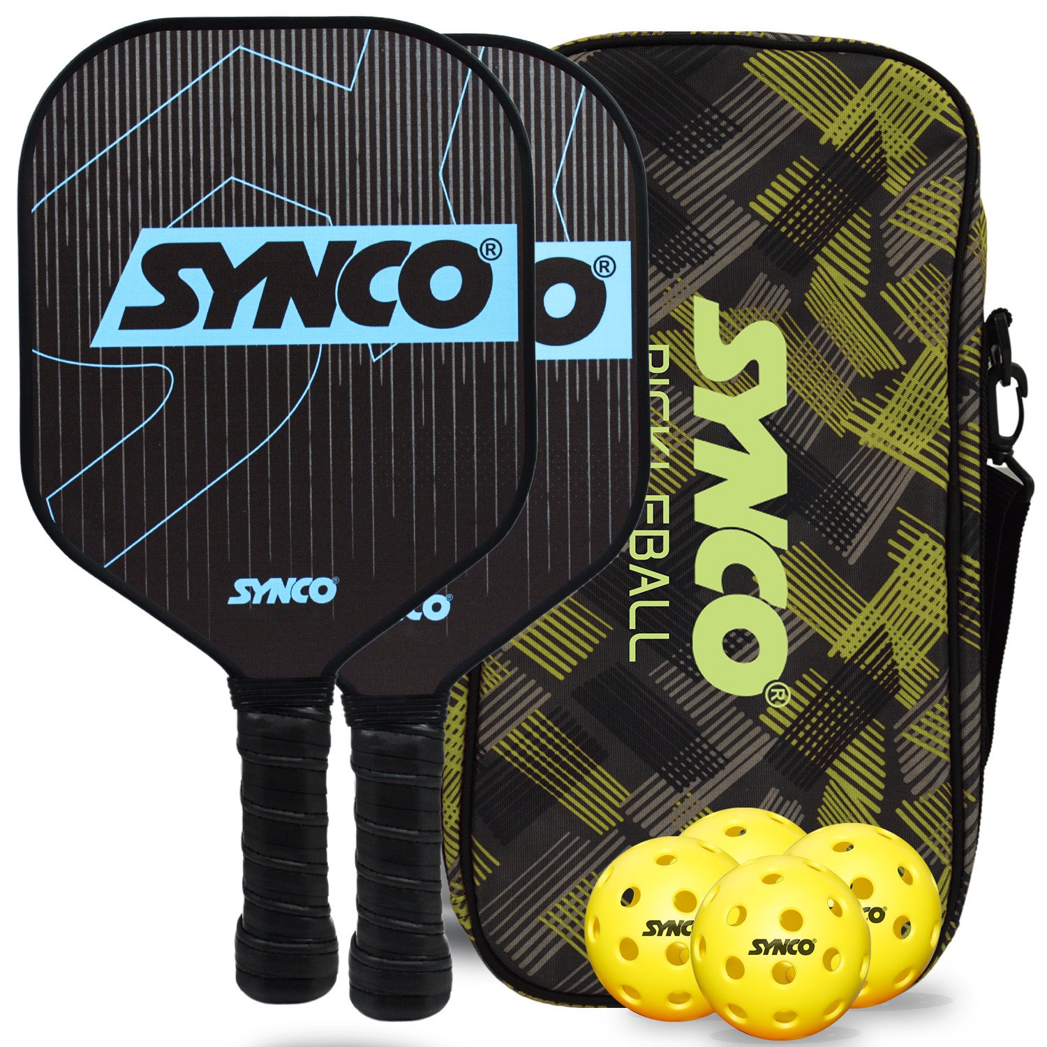 Set de palas de pickleball Synco Carbonium Blue | 2 raquetas de pickleball y 4 pelotas de pickleball con bolsa de transporte | Raqueta ligera de fibra de vidrio con empu?adura acolchada y c?moda