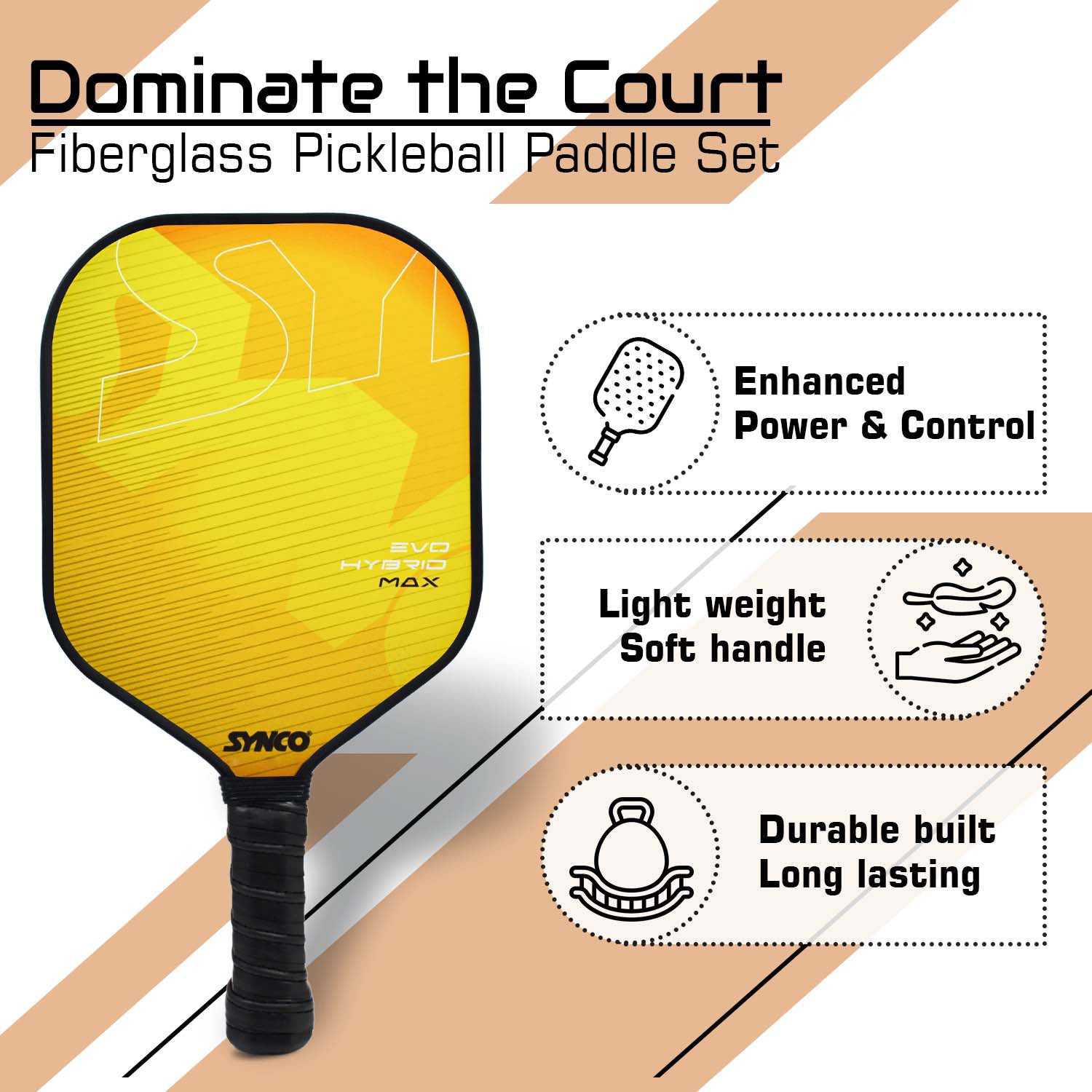 Set de palas de pickleball Synco Hybrid Max Yellow | 1 raqueta de pickleball y 2 pelotas de pickleball con bolsa de transporte | Raqueta ligera de fibra de vidrio con empu?adura acolchada y c?moda - Imagen 2