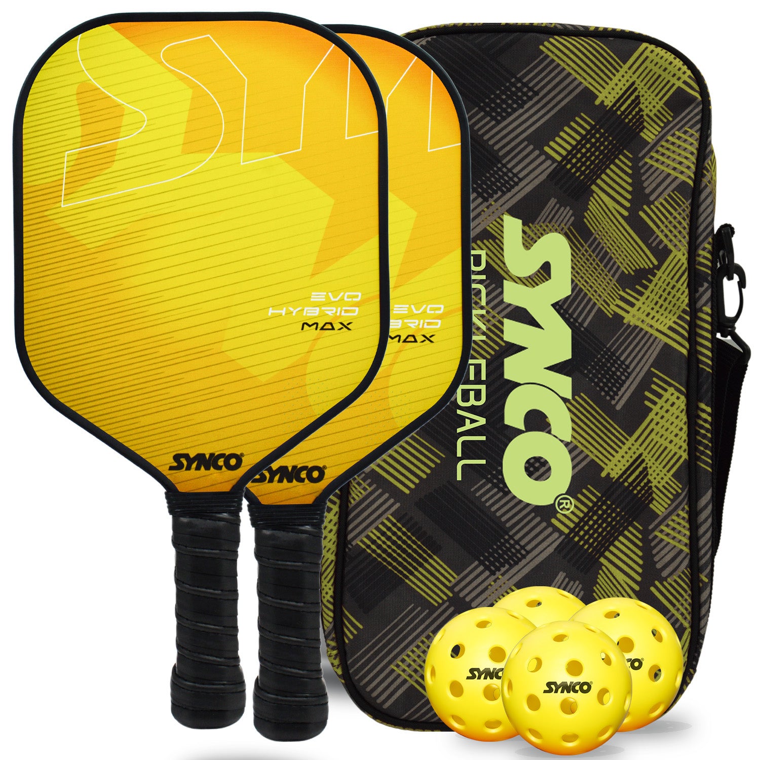 Set de palas de pickleball Synco Hybrid Max Yellow | 2 raquetas de pickleball y 4 pelotas de pickleball con bolsa de transporte | Raqueta ligera de fibra de vidrio con empu?adura acolchada y c?moda