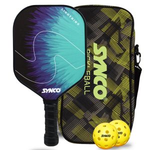 Juego de palas de pickleball Synco azul rel?mpago | 1 raqueta de pickleball y 2 pelotas de pickleball con bolsa de transporte | Raqueta ligera de fibra de vidrio con empu?adura acolchada y c?moda