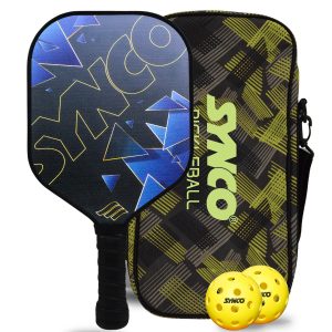 Juego de palas de pickleball Synco Glory de fibra de carbono | 1 raqueta, 2 pelotas de pickleball con bolsa de transporte | Pala profesional de 16 mm