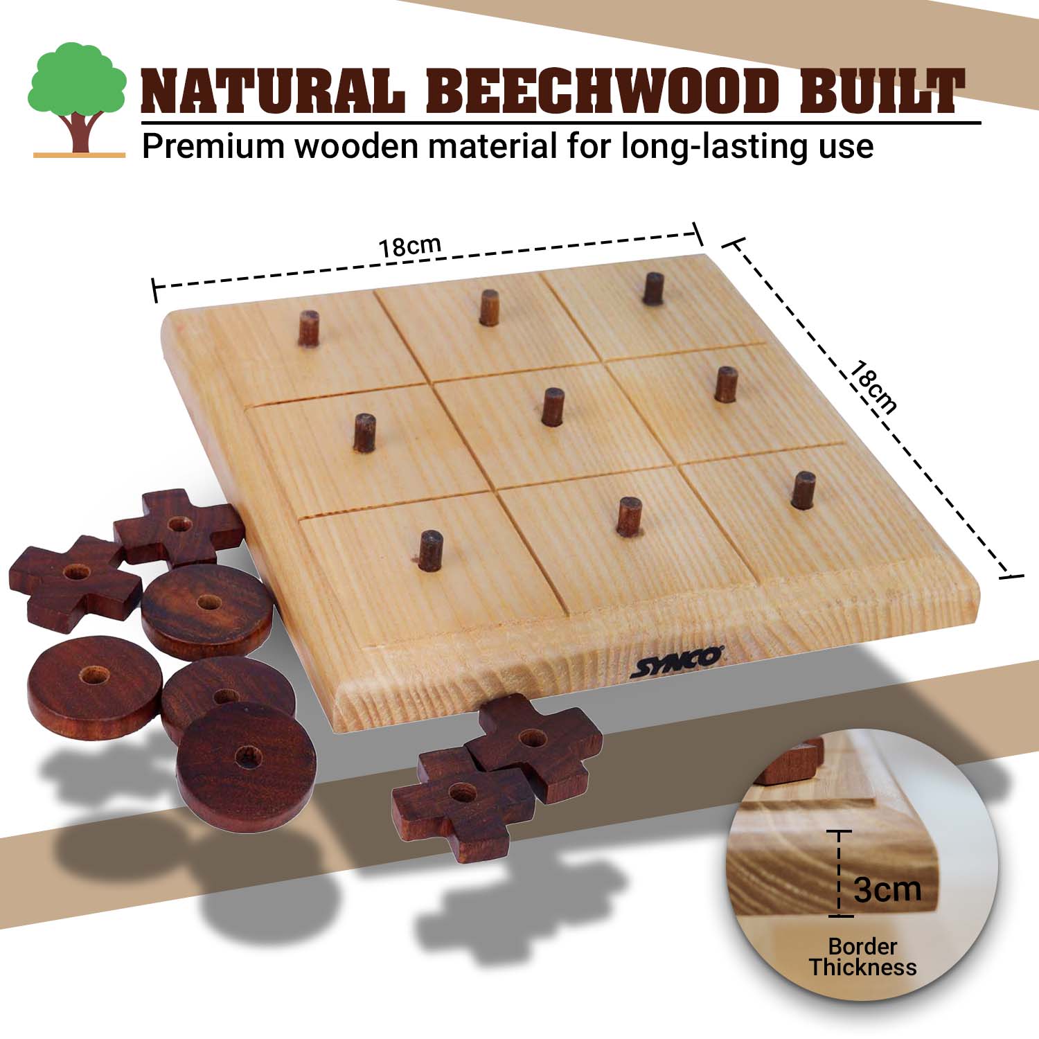 Synco Noughts & Crosses | Juego de madera Tic Tac | Color natural y acabado mate | Regalo para amigos y familiares - Imagen 4