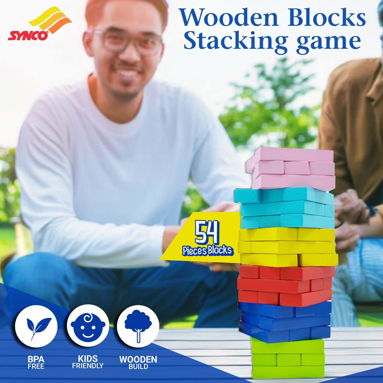 Synco Mini Tower | Torre de madera para hacer piruetas | El mejor juego de madera para ni?os y adultos | Mini juego de bloques de madera para divertirse en familia, juego para desarrollar habilidades Bloques multicolores, 54 piezas - Imagen 5