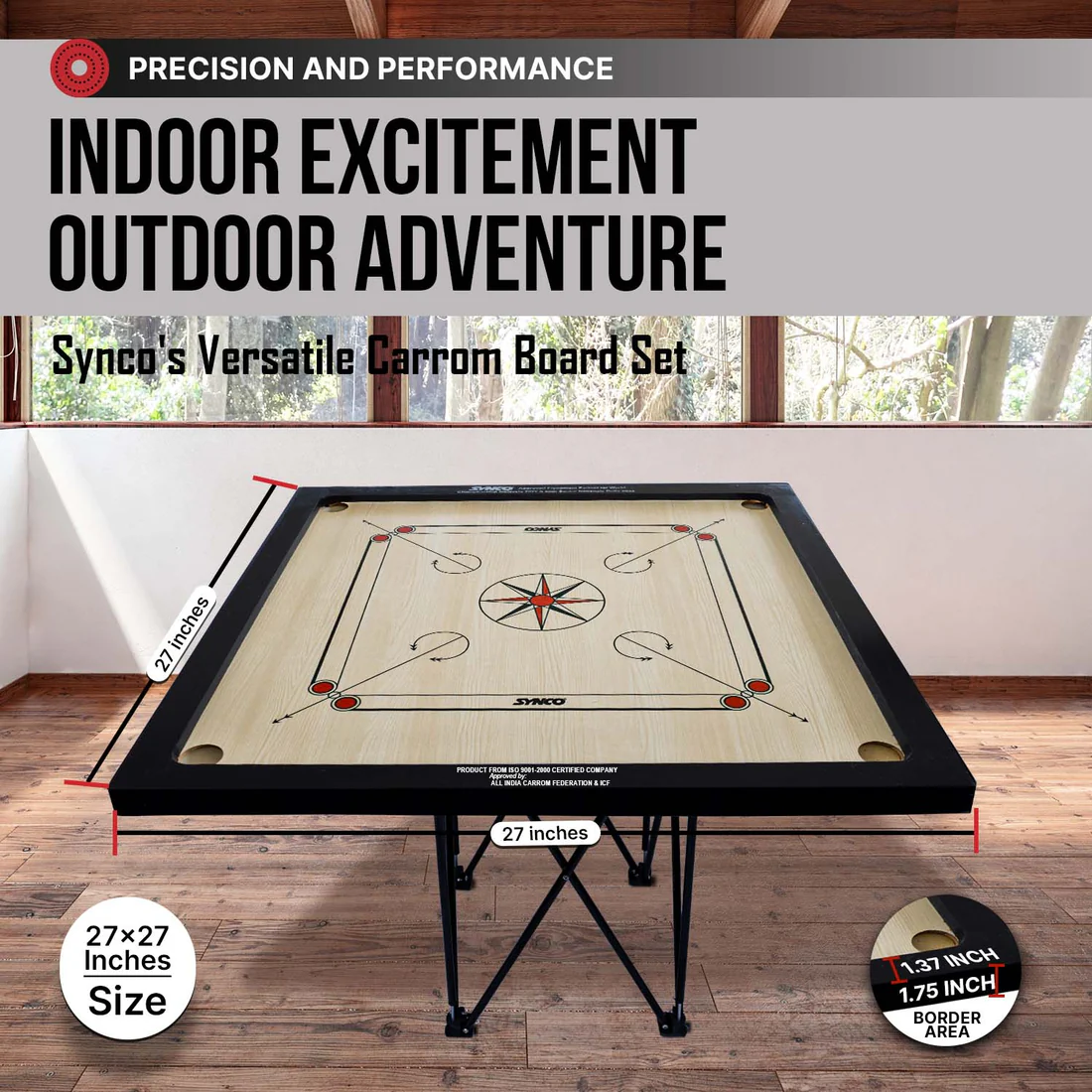 Tablero de carrom Synco de 27 pulgadas y 4 mm con chakri trasero, tama?o completo, internacional, con monedas, golpeador y polvo de boro gratuitos. - Imagen 3