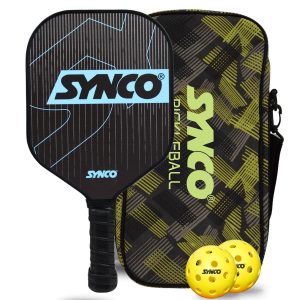Set de palas de pickleball Synco azul carbono | 1 raqueta de pickleball y 2 pelotas de pickleball con bolsa de transporte | Raqueta ligera de fibra de vidrio con empu?adura c?moda y acolchada