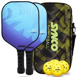 Set de palas de pickleball Synco Hybrid Max Blue | 2 raquetas de pickleball y 4 pelotas de pickleball con bolsa de transporte | Raqueta ligera de fibra de vidrio con empu?adura c?moda y acolchada