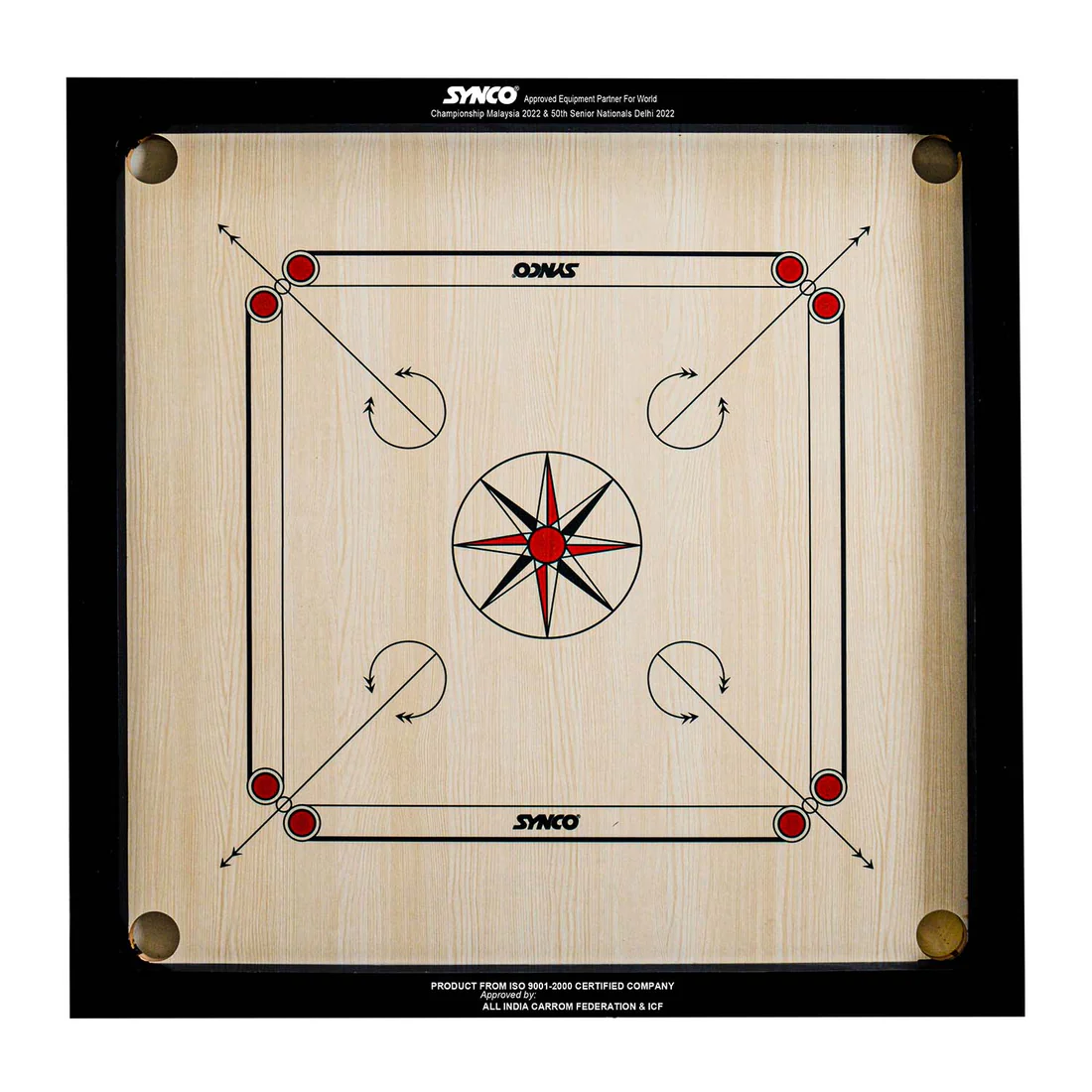 Tablero de carrom Synco de 27 pulgadas y 4 mm con chakri trasero, tama?o completo, internacional, con monedas, golpeador y polvo de boro gratuitos.