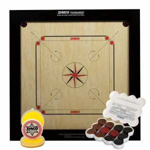 Tablero de carrom Synco Tournament de 20 mm (incluye juego de monedas Synco Genius for Players y golpeador Signature).